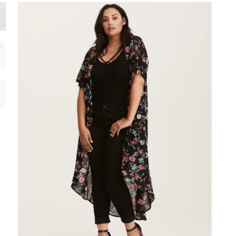Torrid Floral Chiffon Kimono Duster Maxi Cardigan Black 1X 2X Boho Layer - Picture 2 of 9